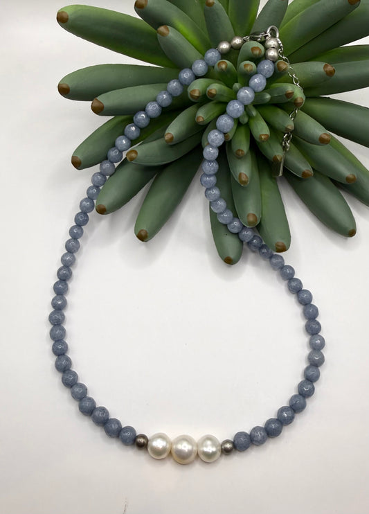 Triple Pearl & Denim Blue Jade Necklace