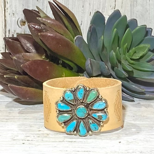 Turquoise Flower & Leather Cuff