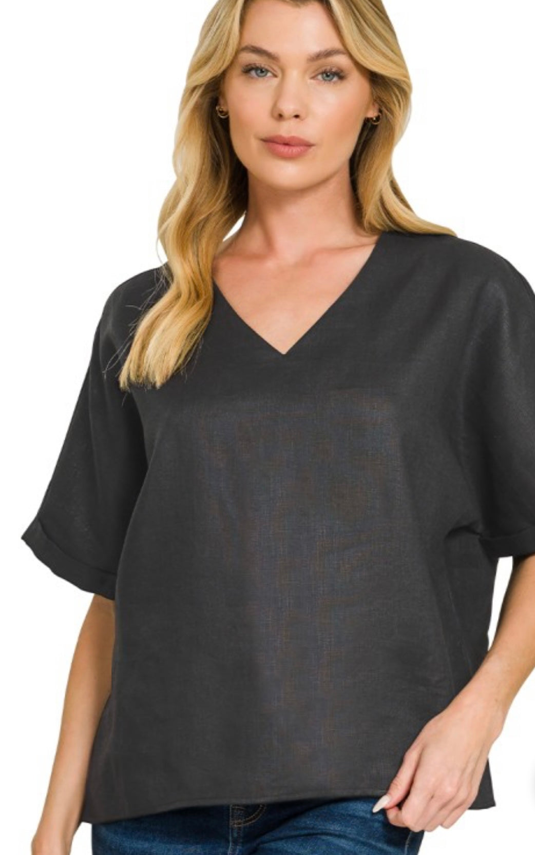 Cuff Sleeve Linen V-Neck Top - 4 Colors