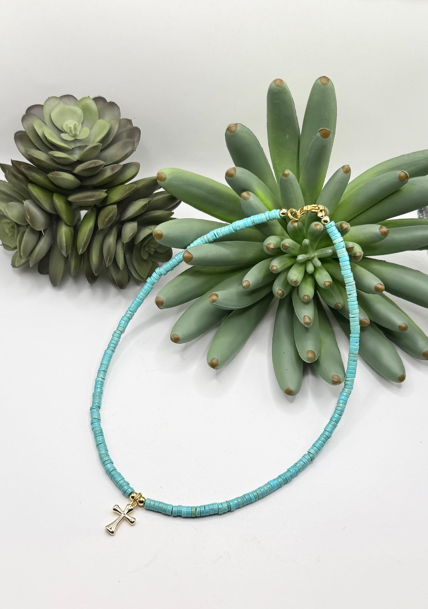 Shiny Gold Cross & Heishi Bead Necklace