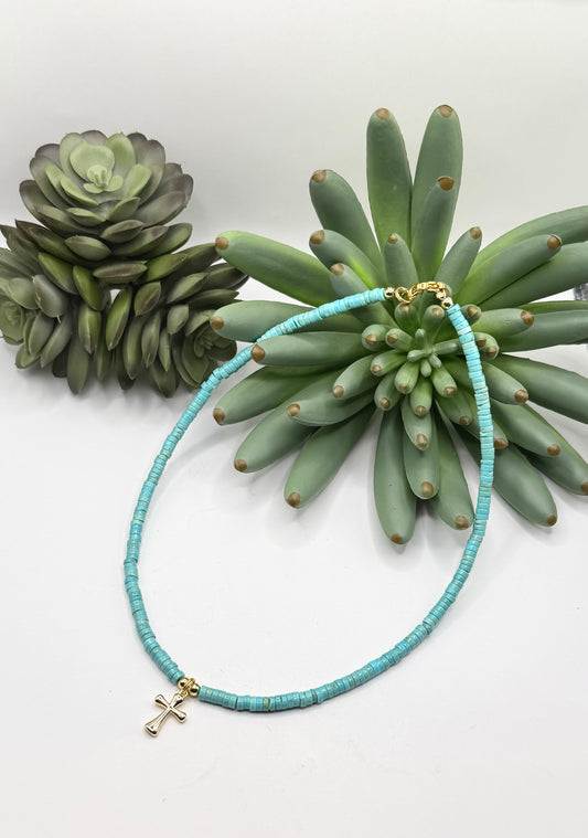 Shiny Gold Cross & Heishi Bead Necklace
