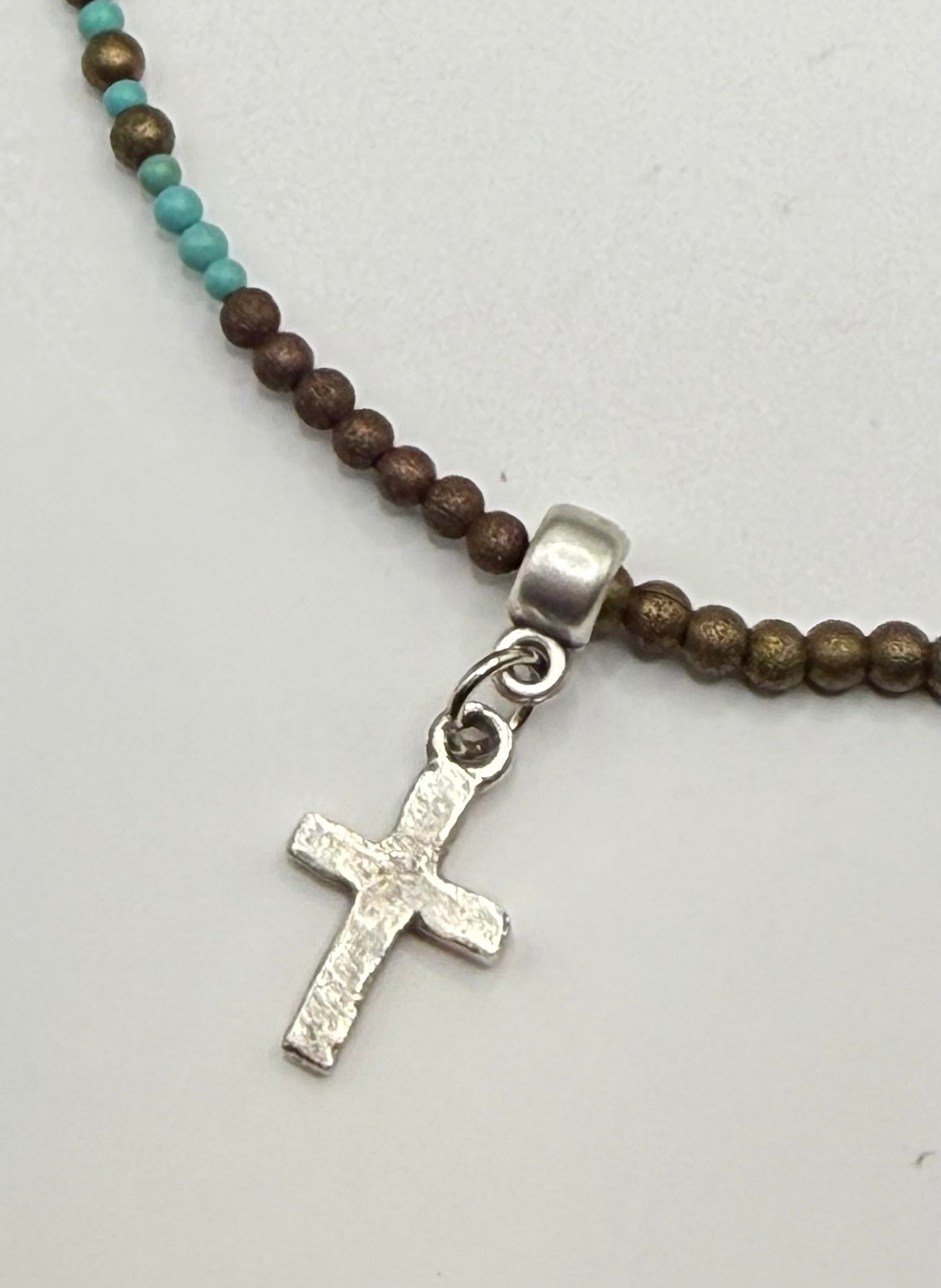 Turquoise & Brown Silver Cross Necklace