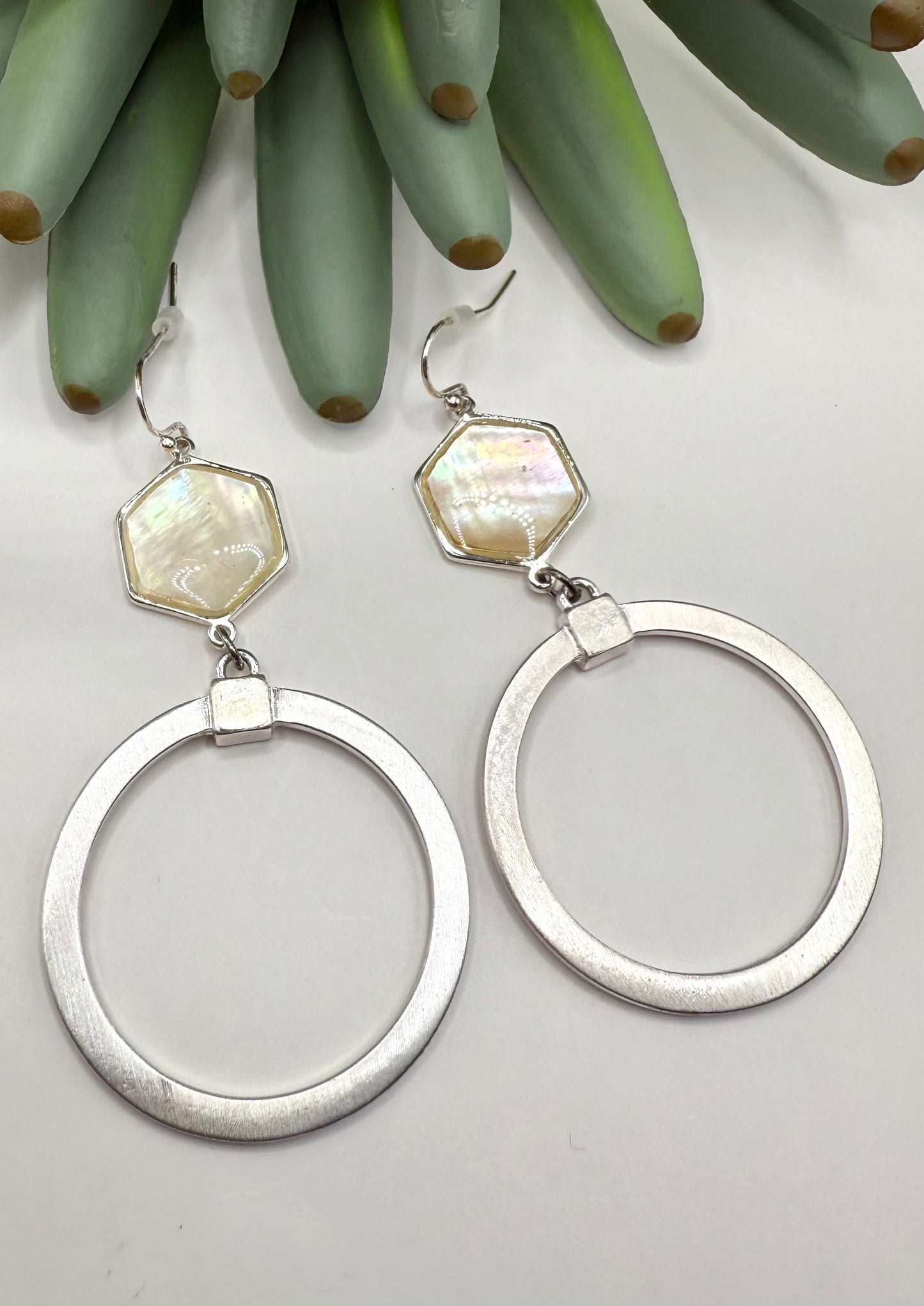 Shell & Matte Silver Dangle Hoop Earrings