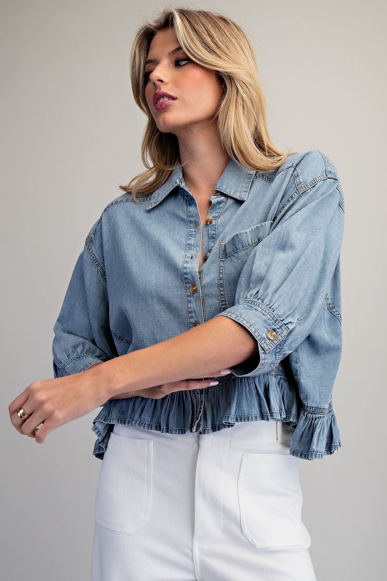 Ruffled Hem Button Down Denim Top