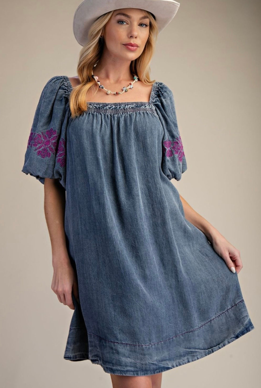 Embroidery Detailing Washed Denim Dress