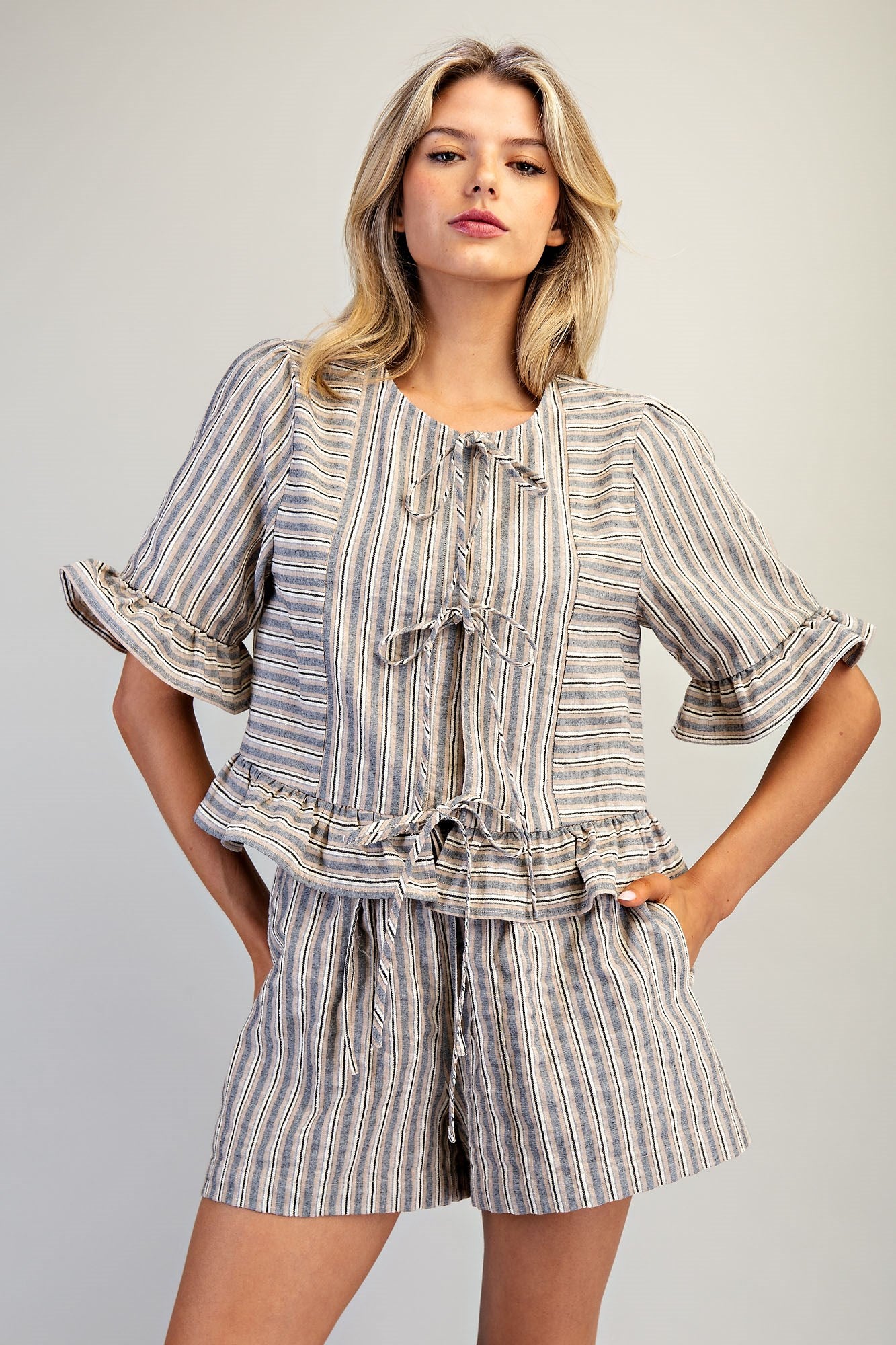 Striped Front Tie Ruffled Blouse Top