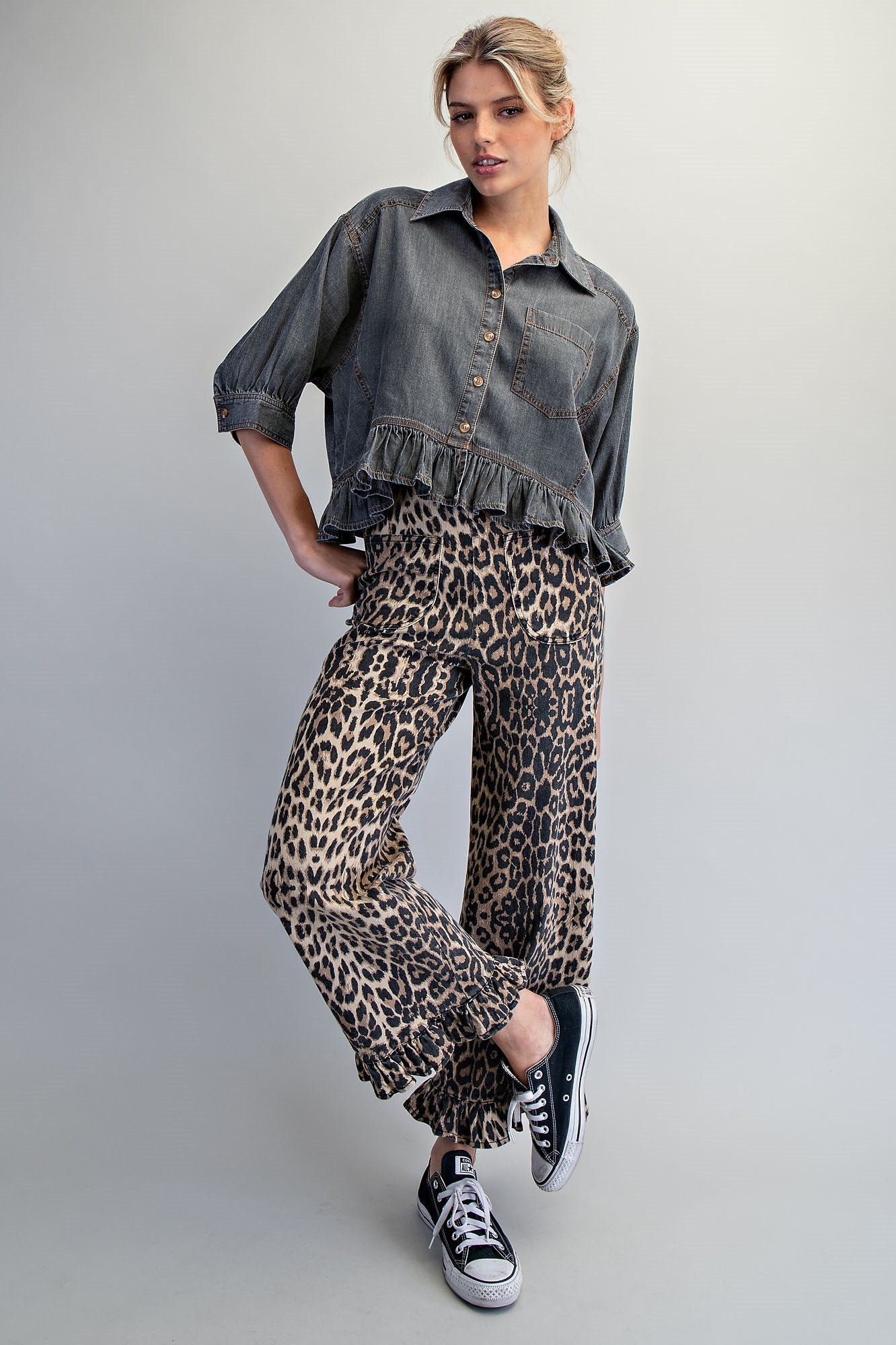 Black Denim Ruffle Hem Blouse