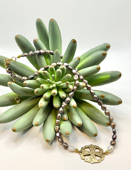 Gold Cross Peacock Pearl Necklace