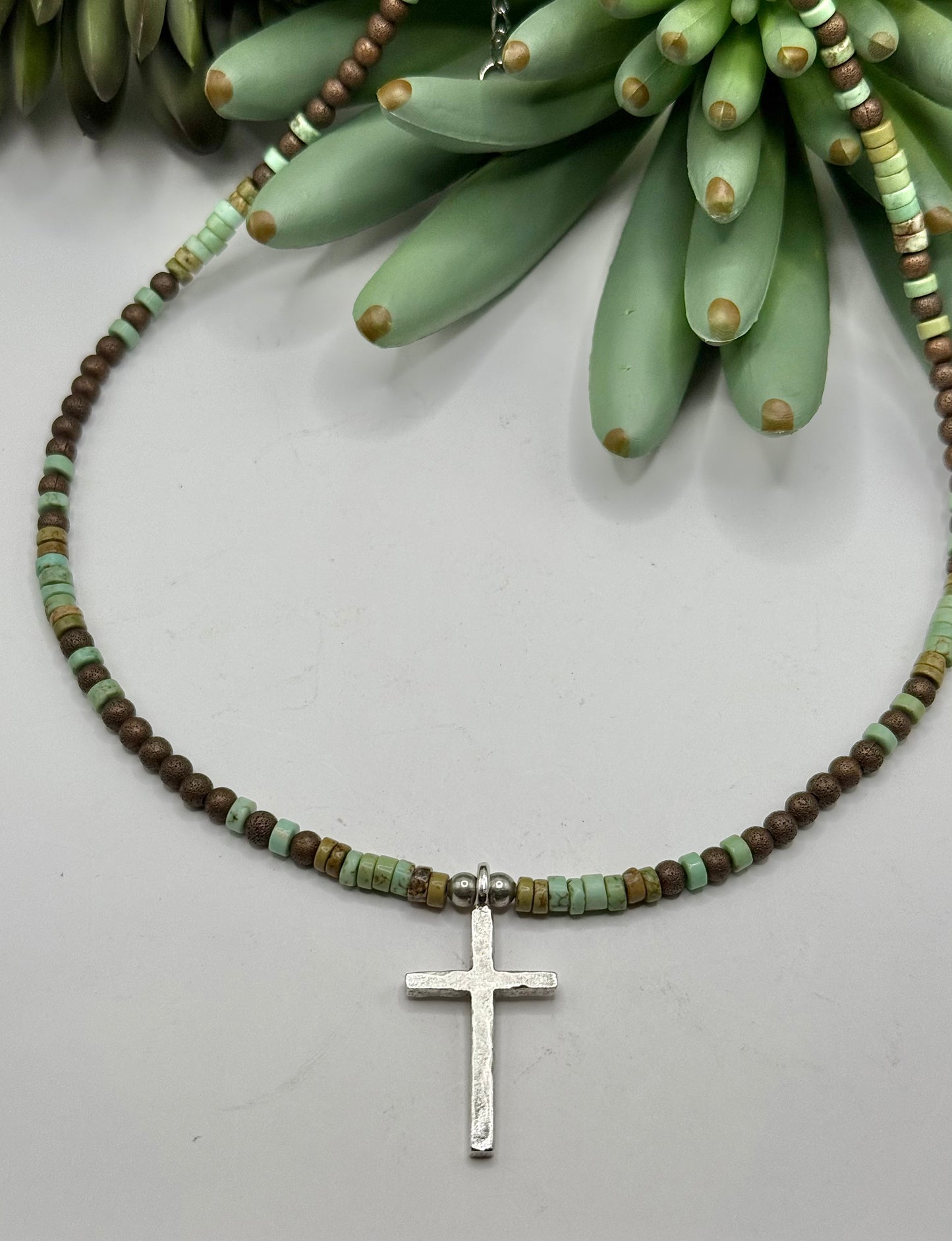 Blended Bead & Silver Cross Necklace - 2 Colors