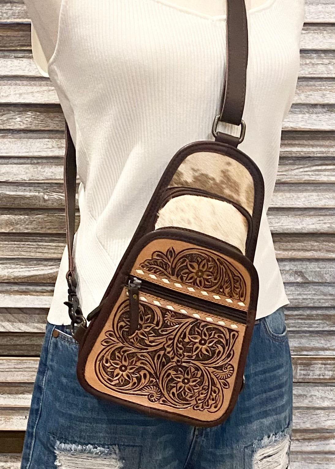 Cowhide Leather Sling Bag.