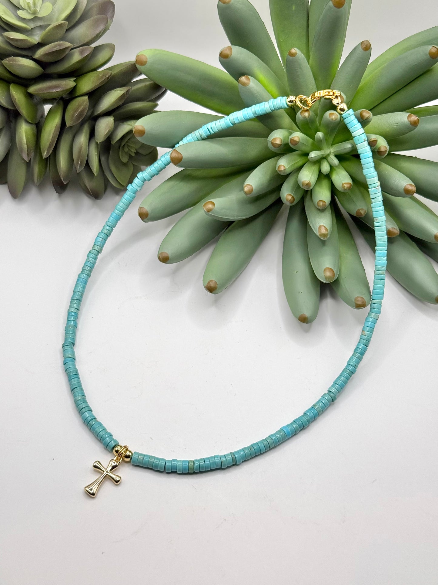 Shiny Gold Cross & Heishi Bead Necklace