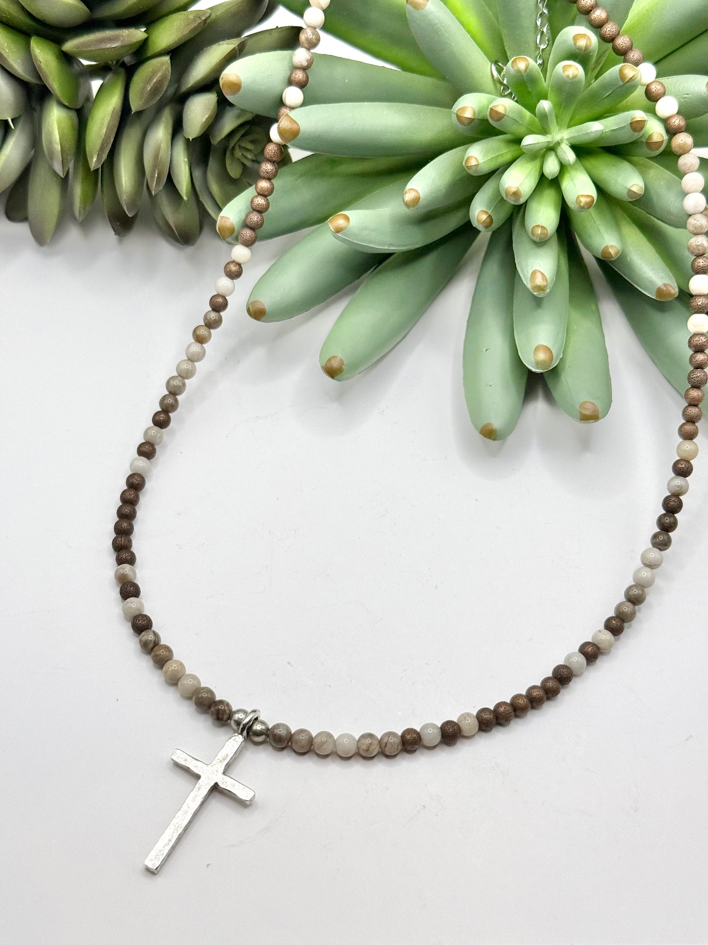Blended Bead & Silver Cross Necklace - 2 Colors