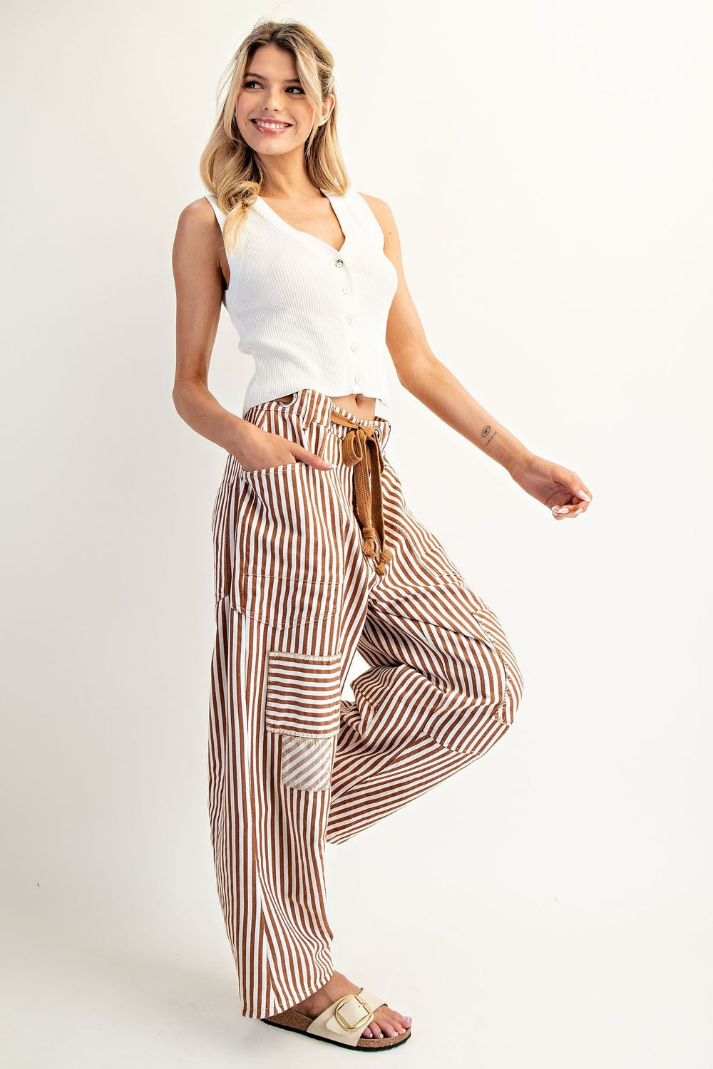 Striped Drawstring Barrel Jeans - 2 Colors