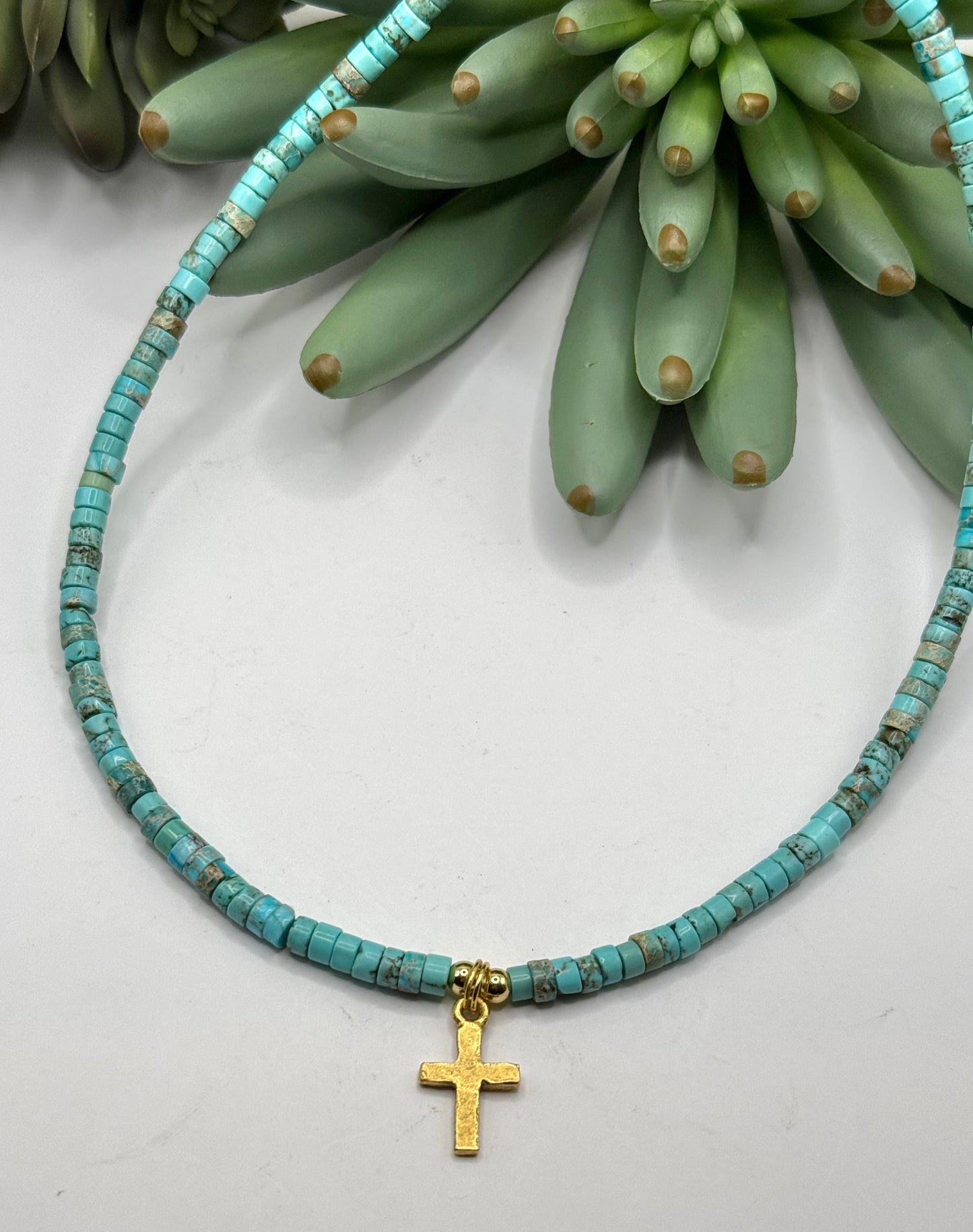 Gold Cross & Heishi Bead Necklace