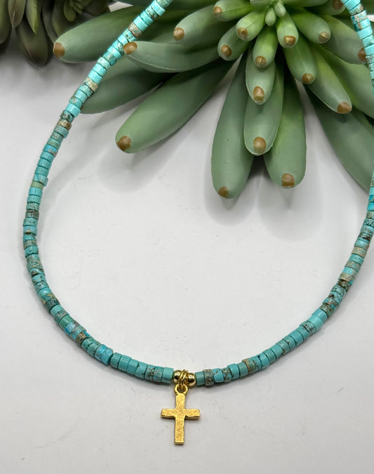 Gold Cross & Heishi Bead Necklace