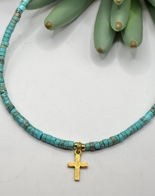 Gold Cross & Heishi Bead Necklace