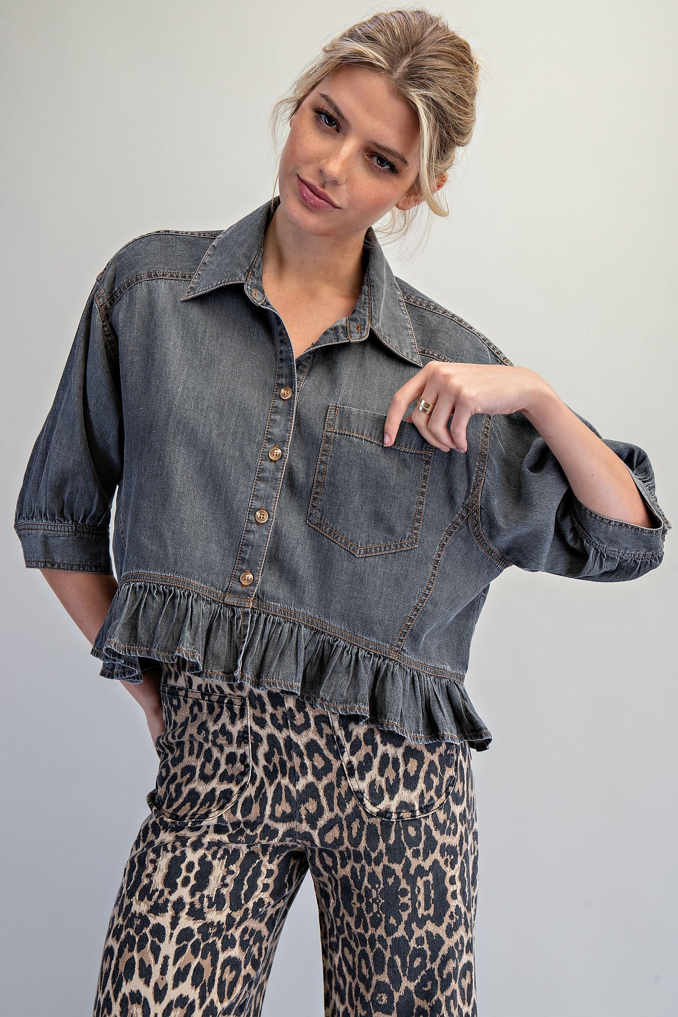 Black Denim Ruffle Hem Blouse
