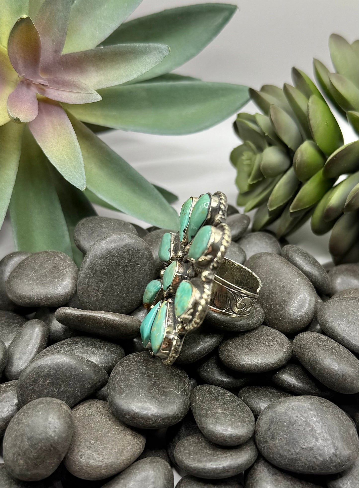 Turquoise & Silver Flower Ring