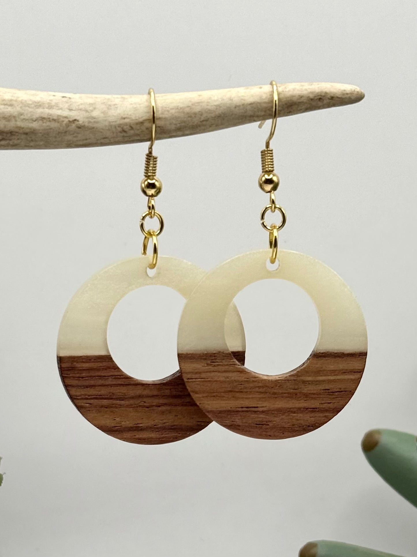 Wood & Pearl Resin Hoop Earrings