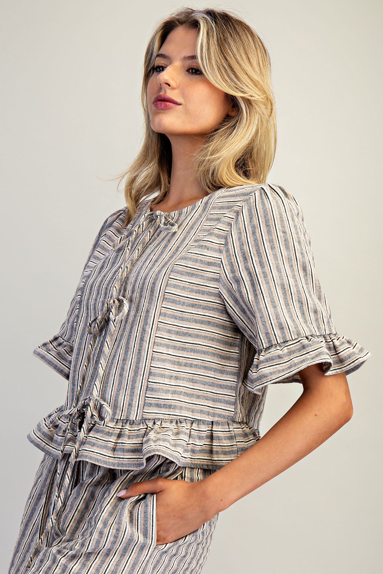 Striped Front Tie Ruffled Blouse Top