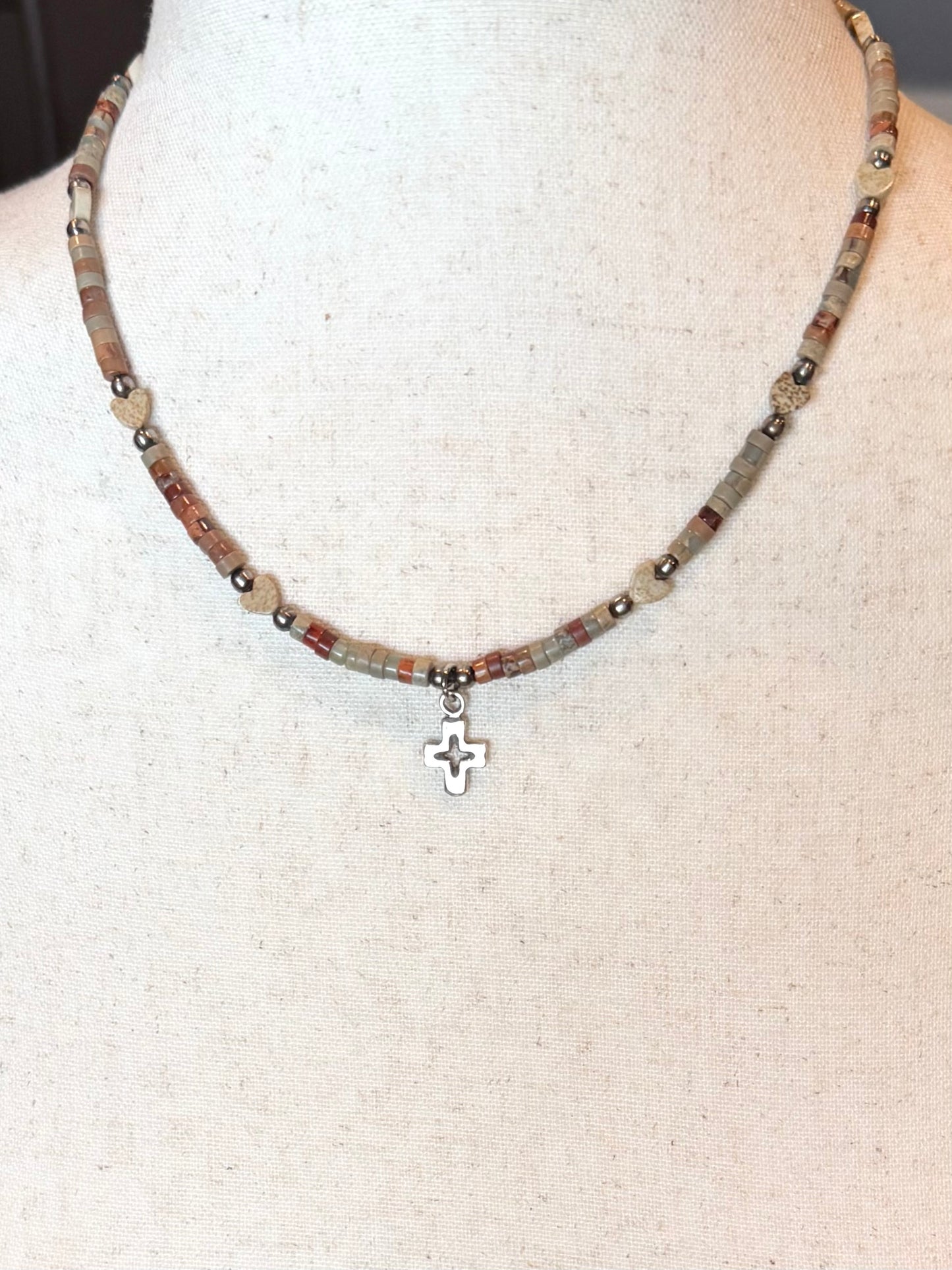 Tiny Cross and Heart Bead Necklace