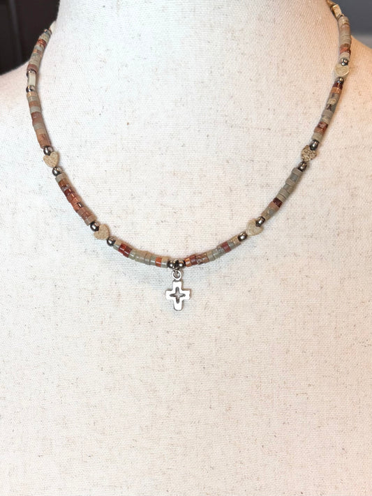 Tiny Cross and Heart Bead Necklace