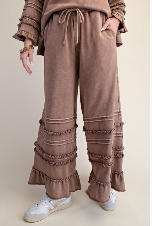 Washed Tiered Ruffle Wide Leg Pant