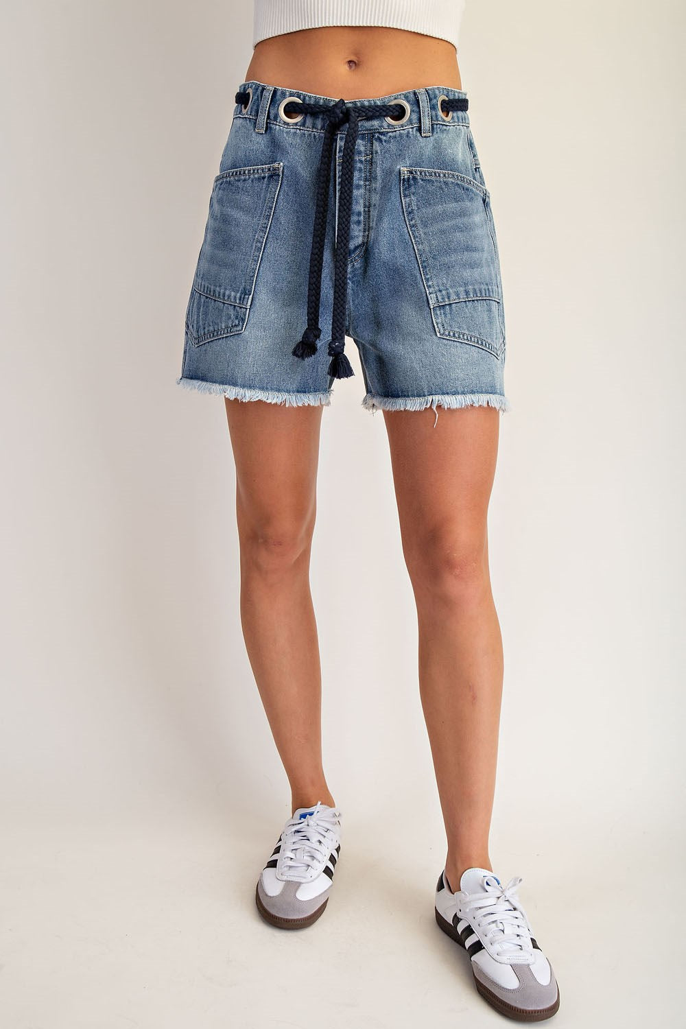 Rope Drawstring Waist Denim Shorts