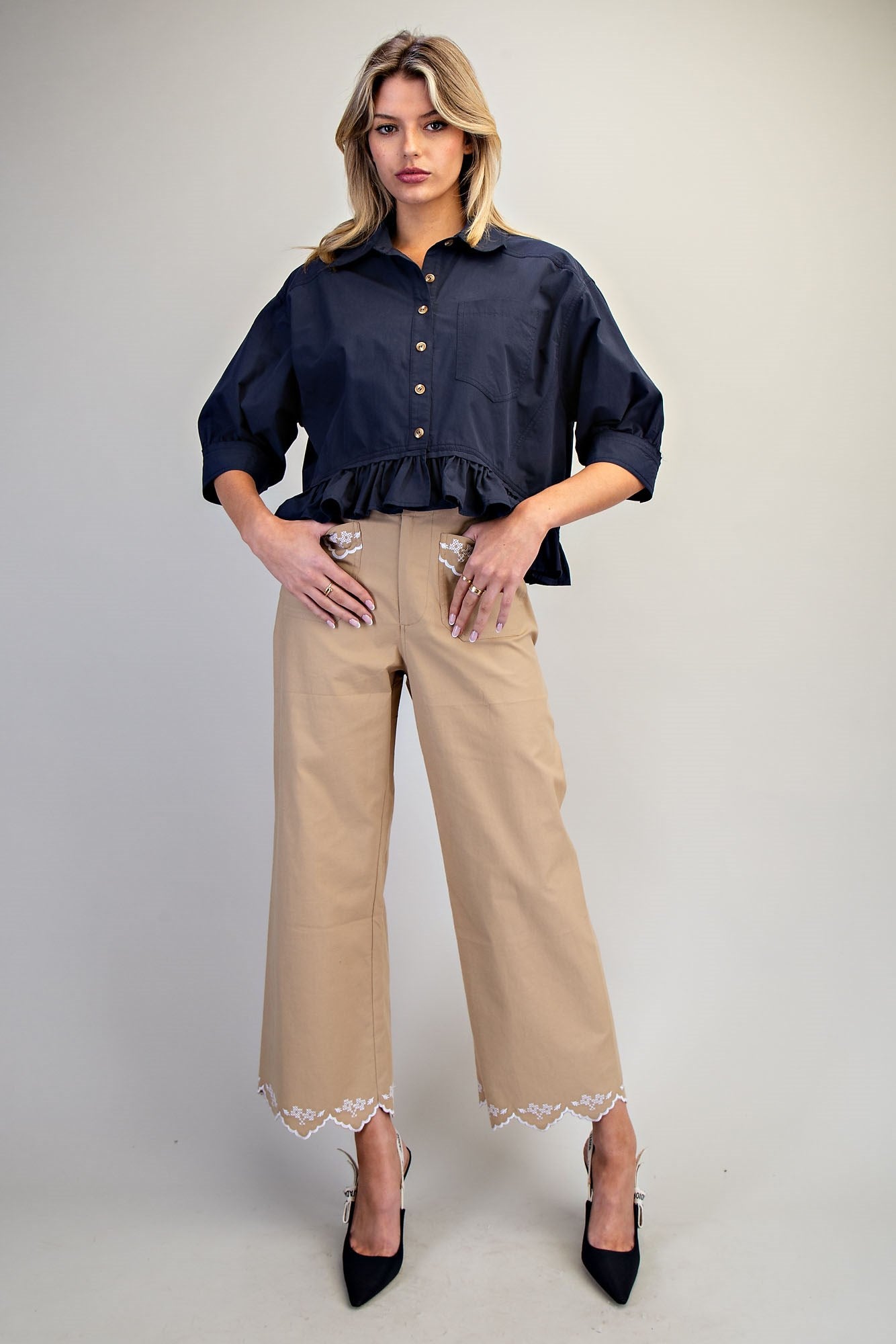 Button Down Peplum Hem Blouse