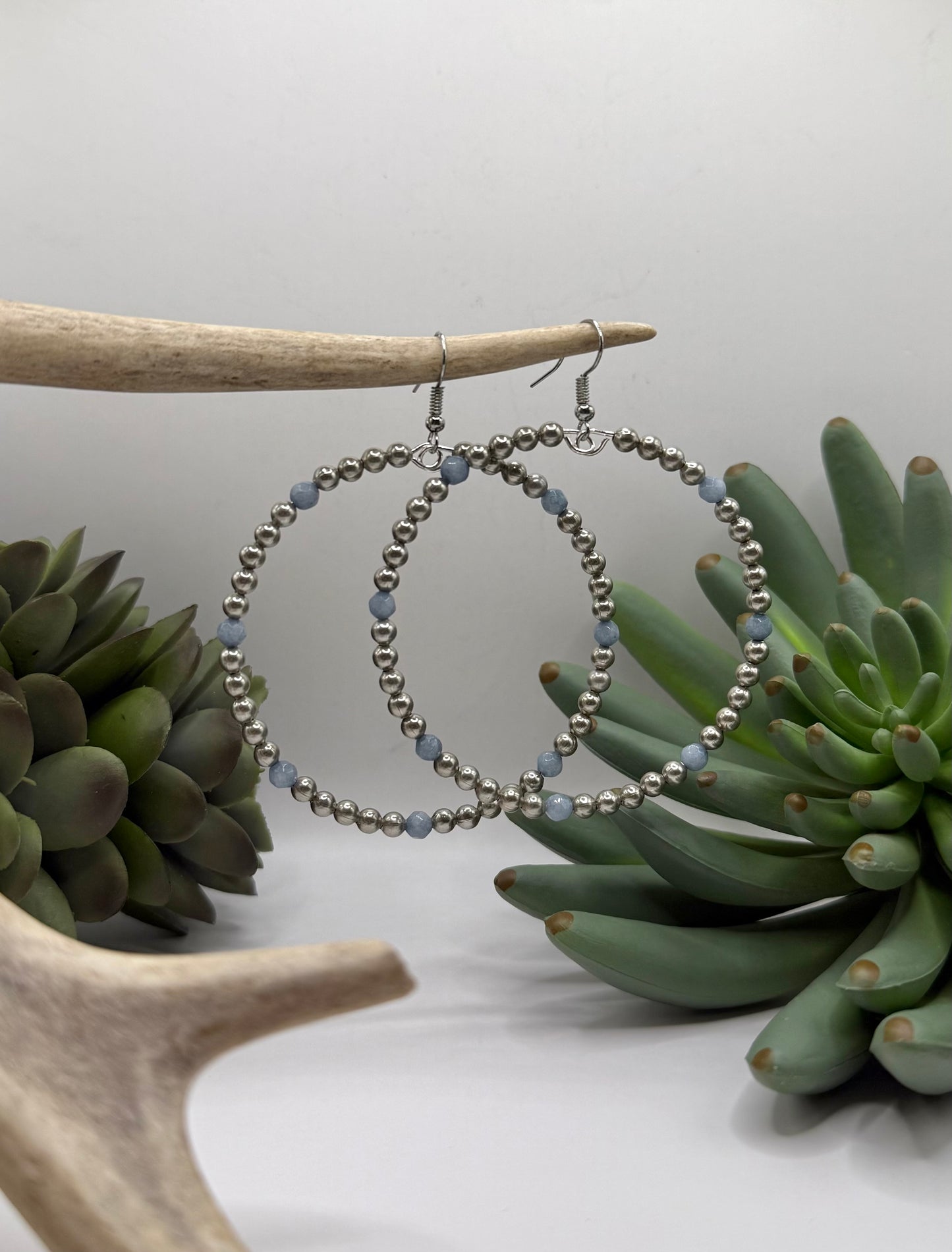 Denim Blue and Silver Large Hoop Earrings