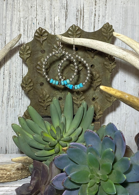 Turquoise & Silver Bead Hoop Earrings
