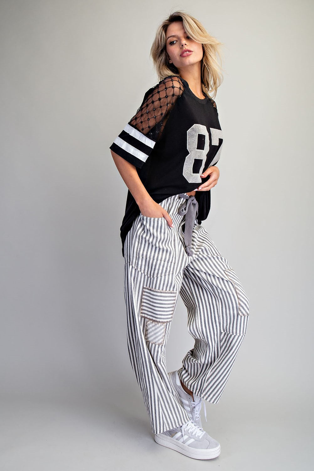 Striped Drawstring Barrel Jeans - 2 Colors