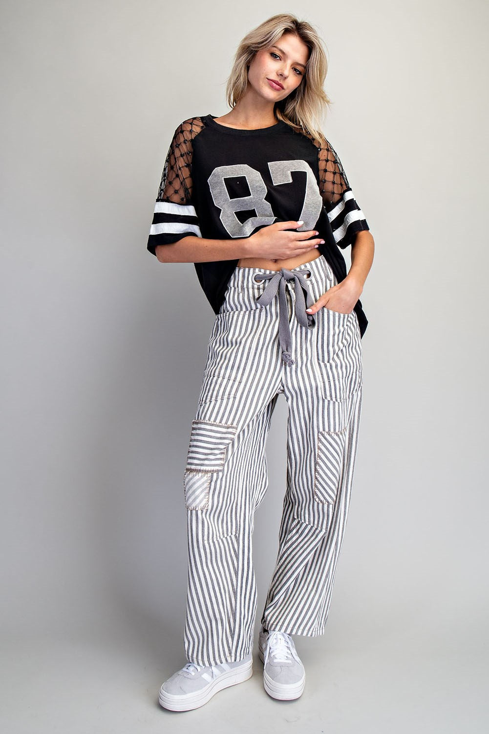 Striped Drawstring Barrel Jeans - 2 Colors