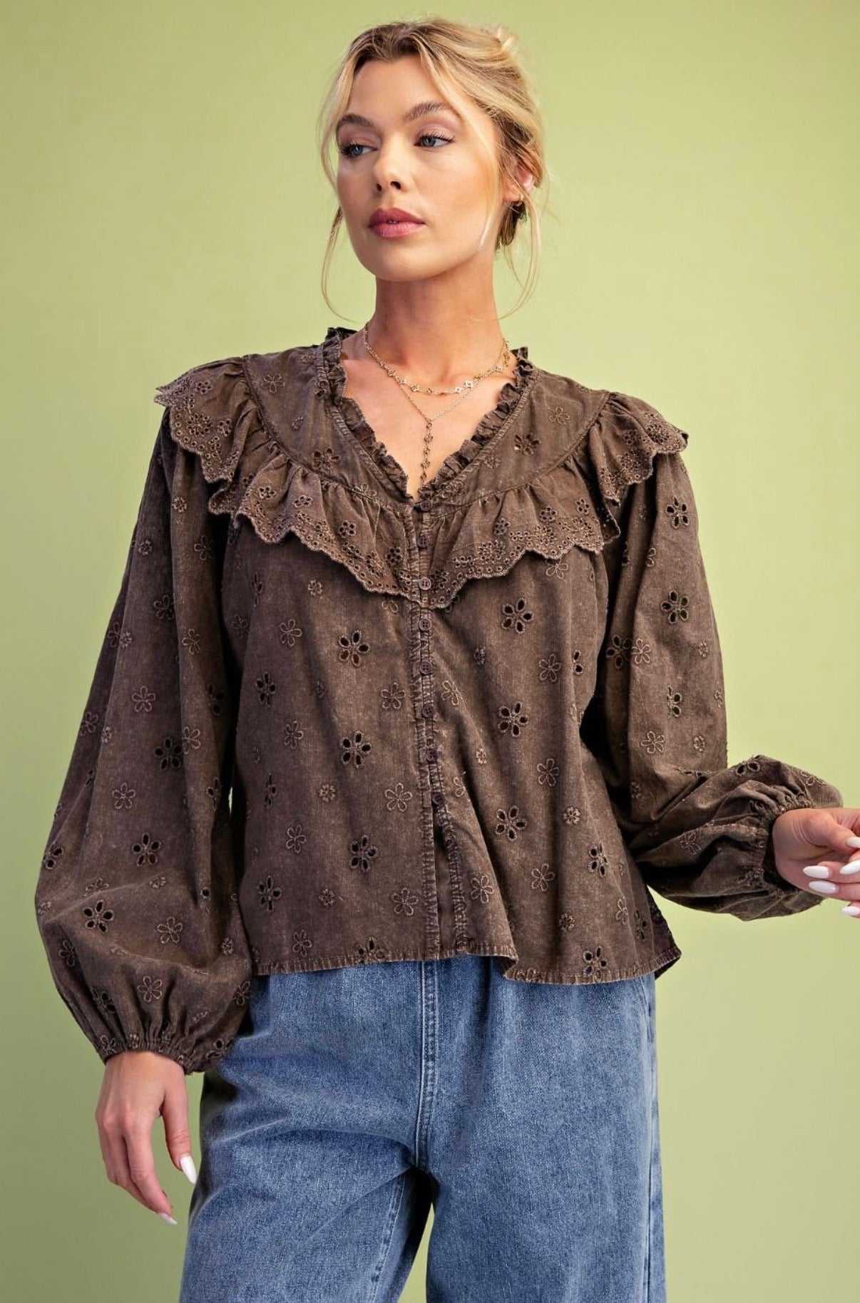 Washed Eyelet Cotton Woven Blouse