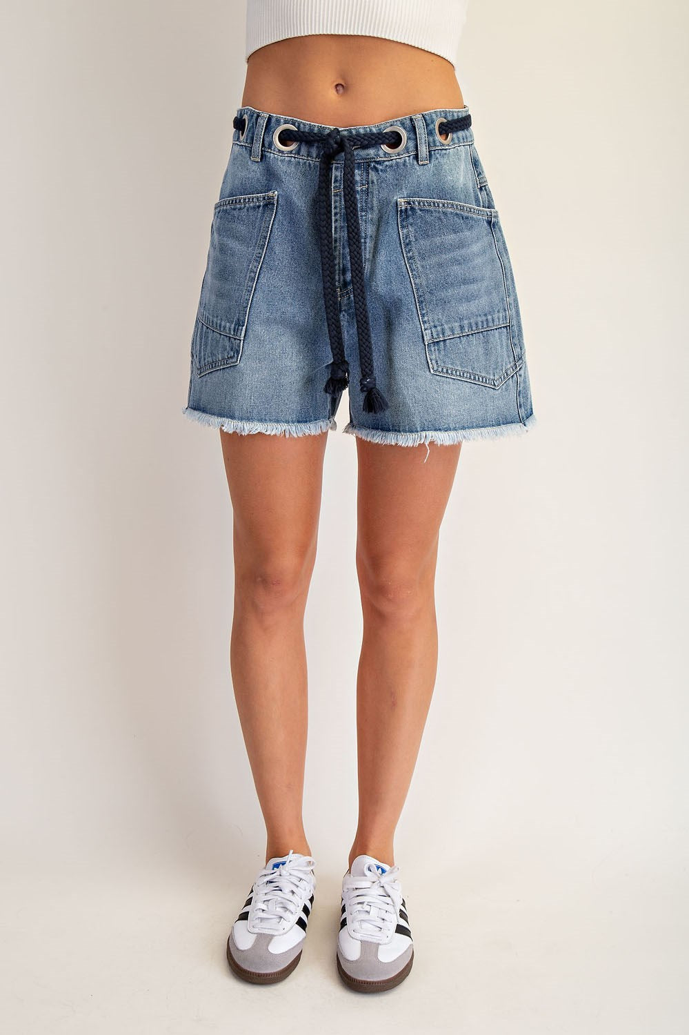 Rope Drawstring Waist Denim Shorts