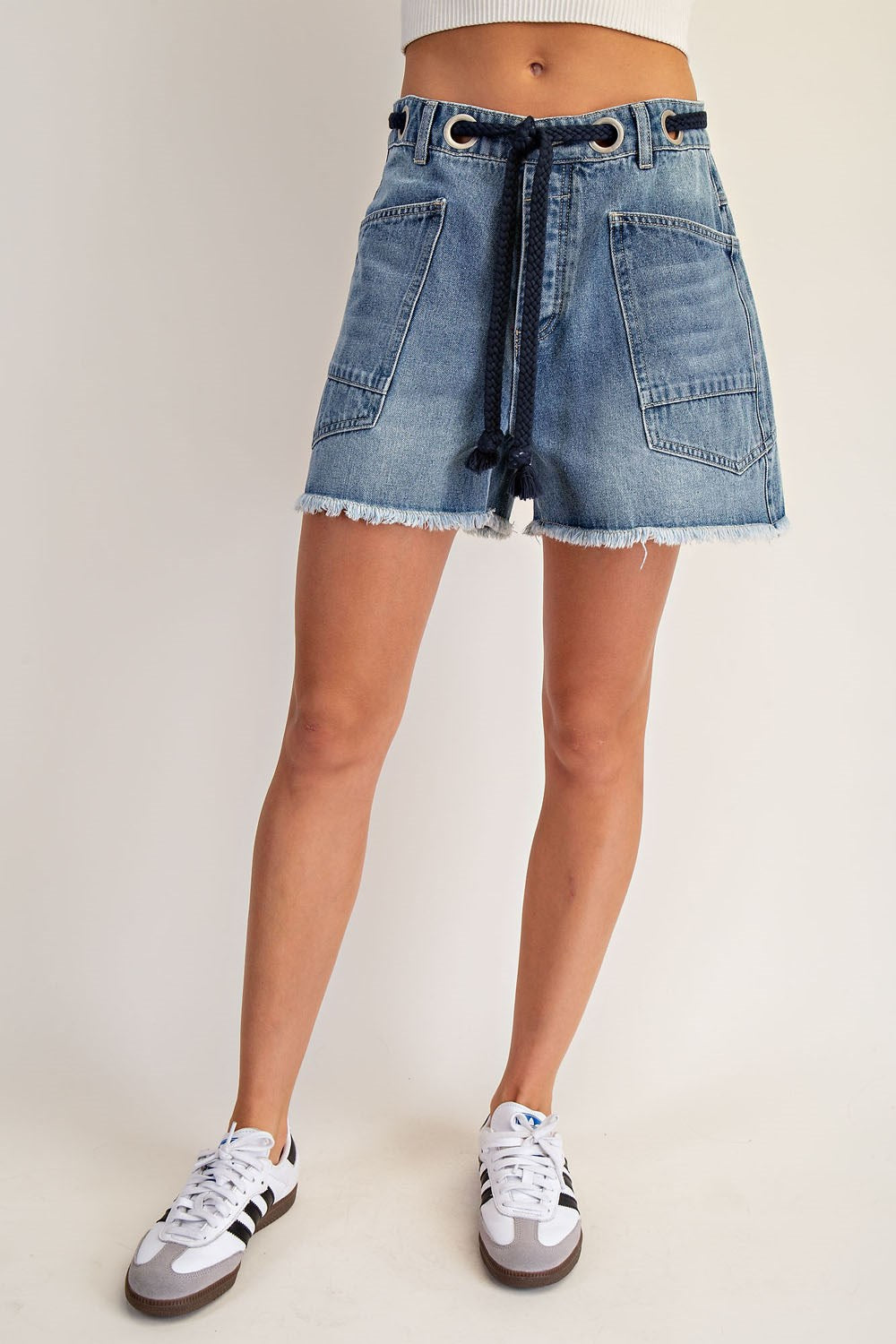 Rope Drawstring Waist Denim Shorts