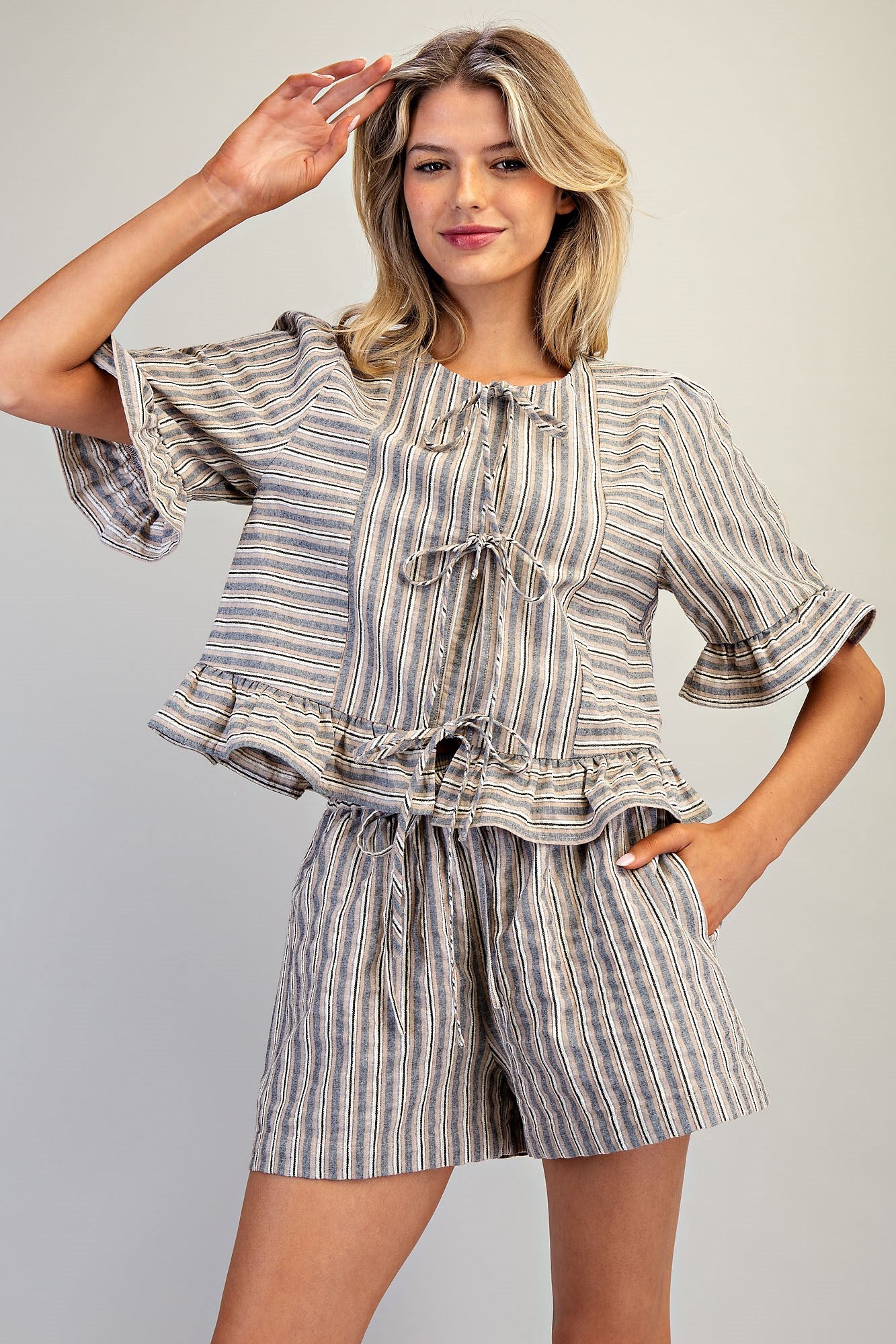 Striped Front Tie Ruffled Blouse Top
