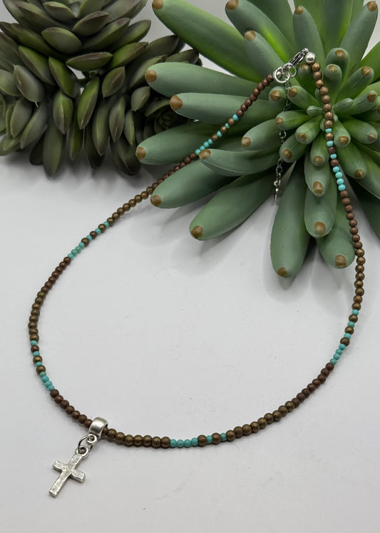 Turquoise & Brown Silver Cross Necklace