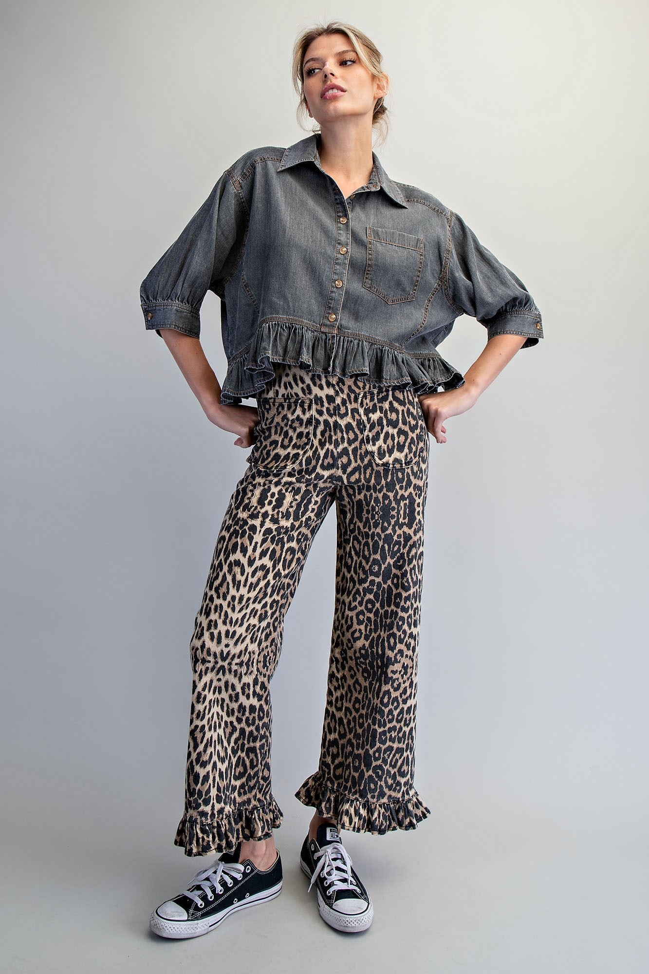 Black Denim Ruffle Hem Blouse