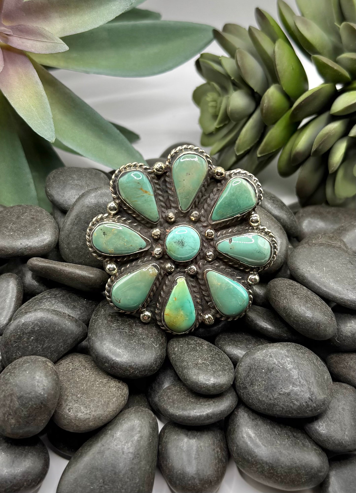 Turquoise & Silver Flower Ring