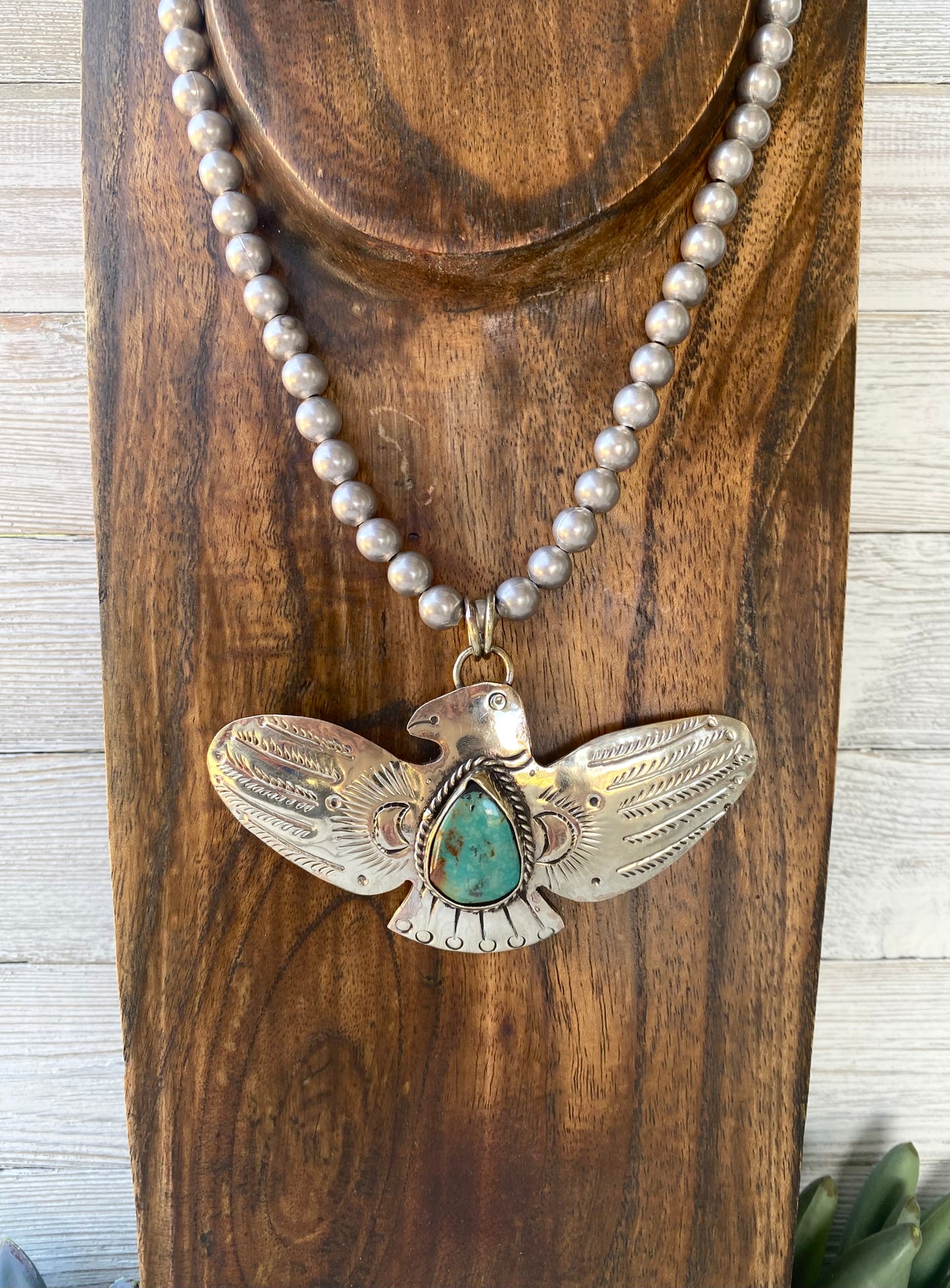 Turquoise Thunderbird & Silver Pearl Necklace