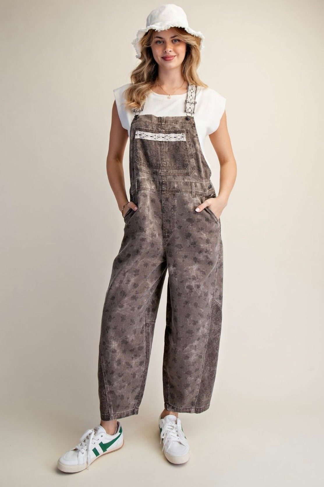 Floral Print Washed Twill Overalls