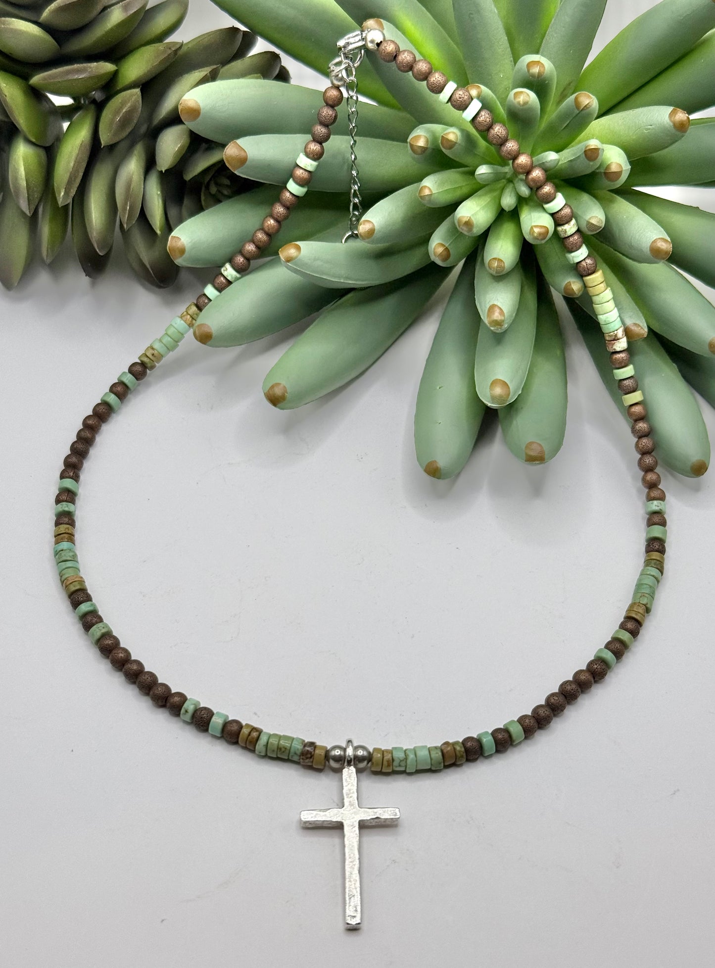 Blended Bead & Silver Cross Necklace - 2 Colors