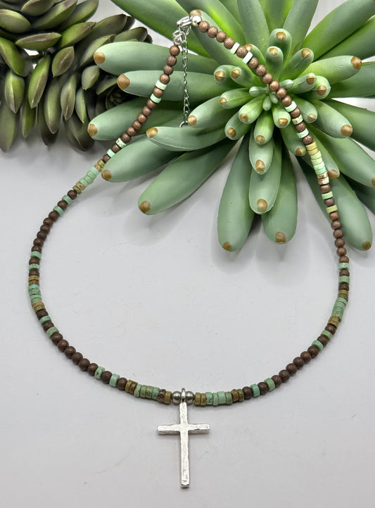 Blended Bead & Silver Cross Necklace - 2 Colors