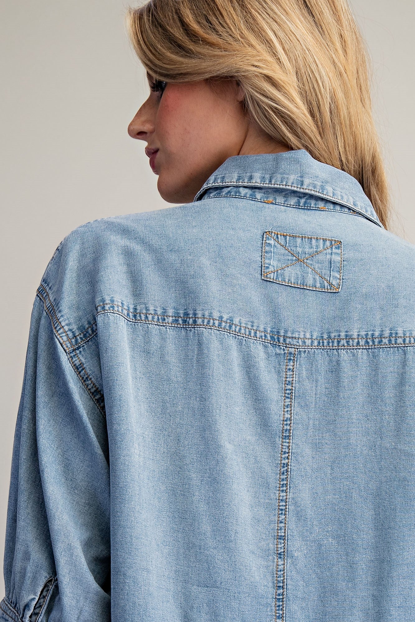 Ruffled Hem Button Down Denim Top