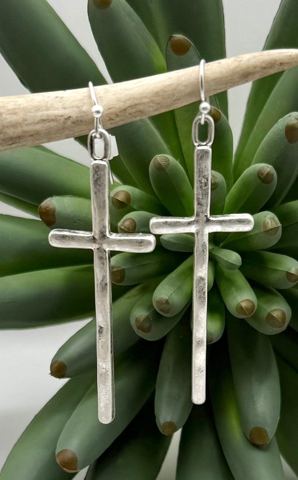 Silver Long Textured Cross Earrings