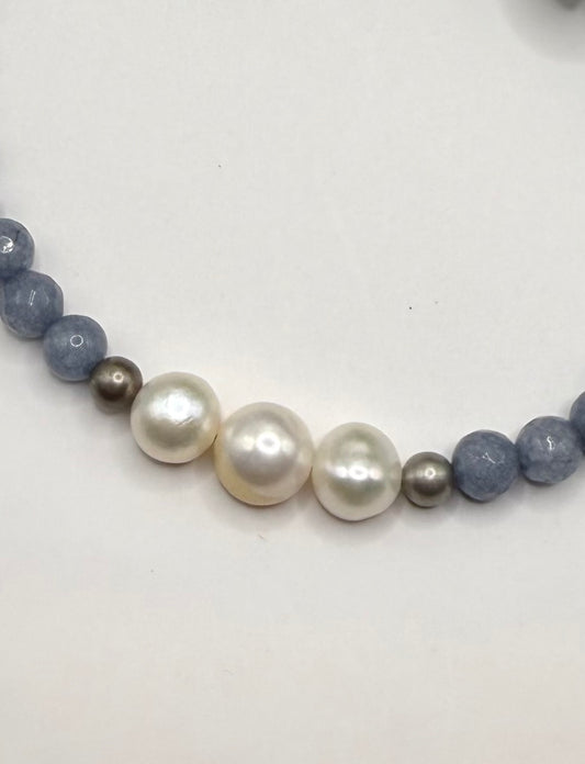 Triple Pearl & Denim Blue Jade Necklace