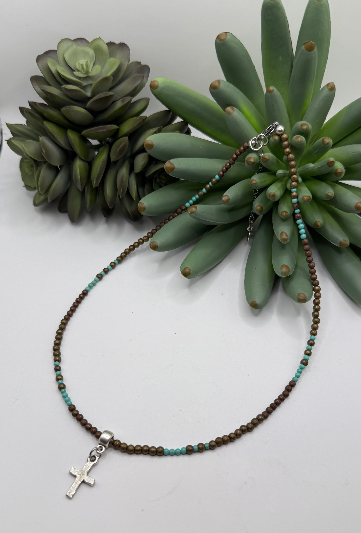 Turquoise & Brown Silver Cross Necklace