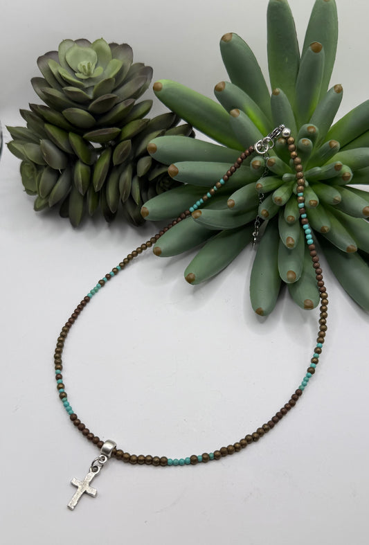 Turquoise & Brown Silver Cross Necklace