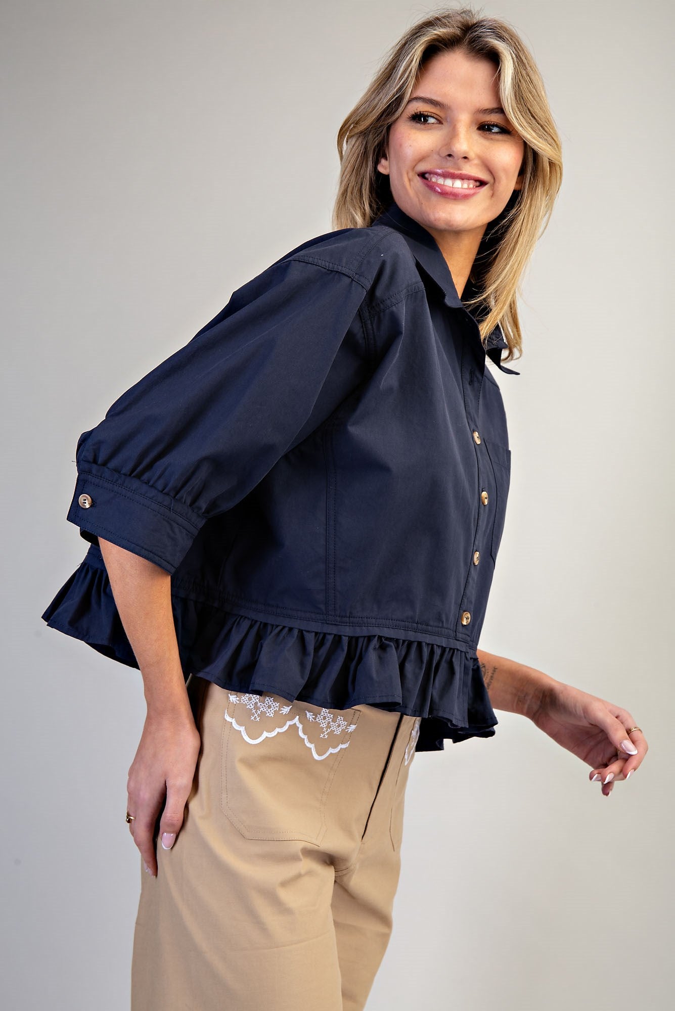 Button Down Peplum Hem Blouse